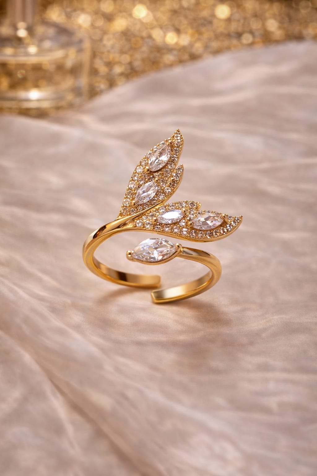 Gold Tone Leaf Crystal Open Ring