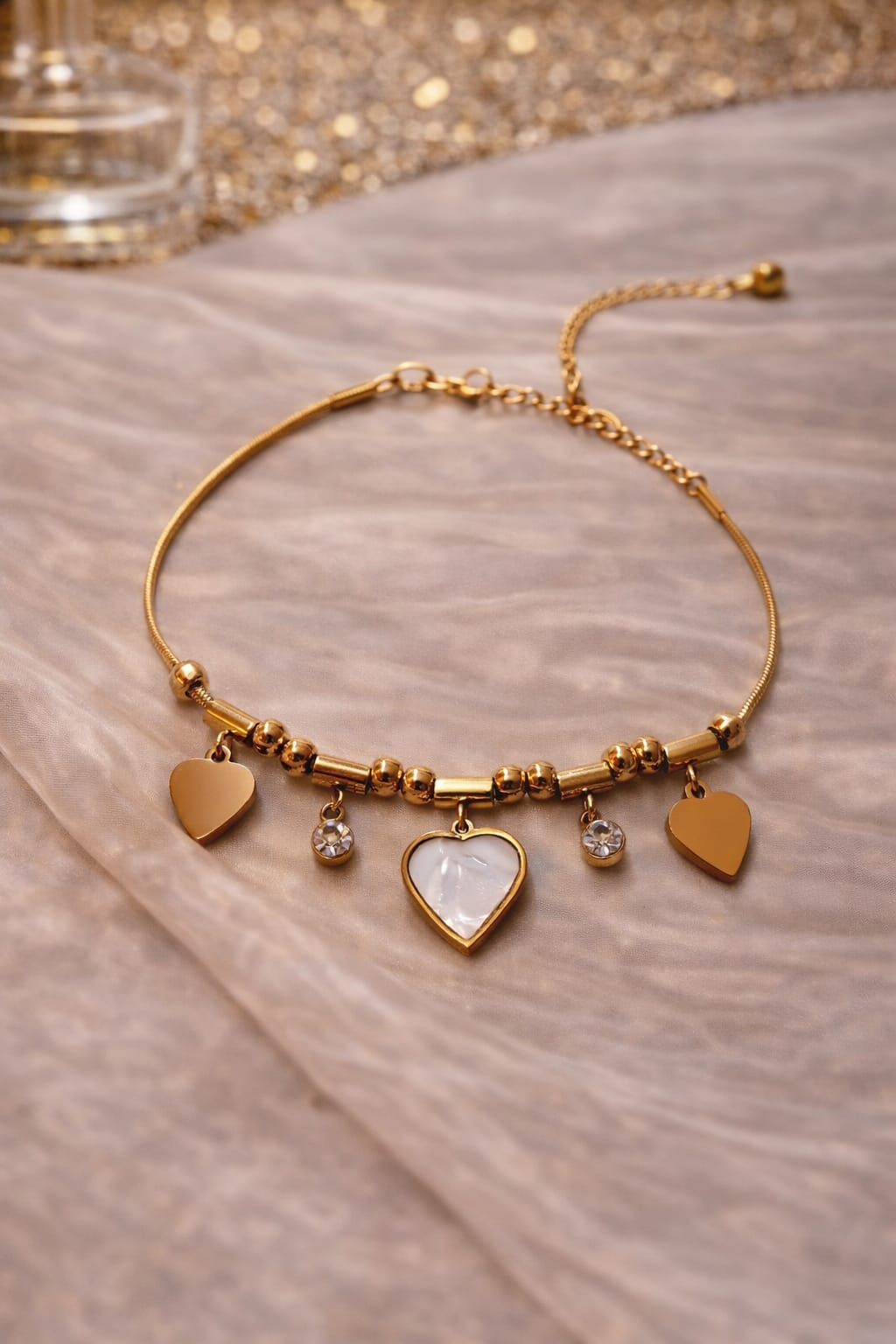 Gold Tone Heart Charm Adjustable Bracelet