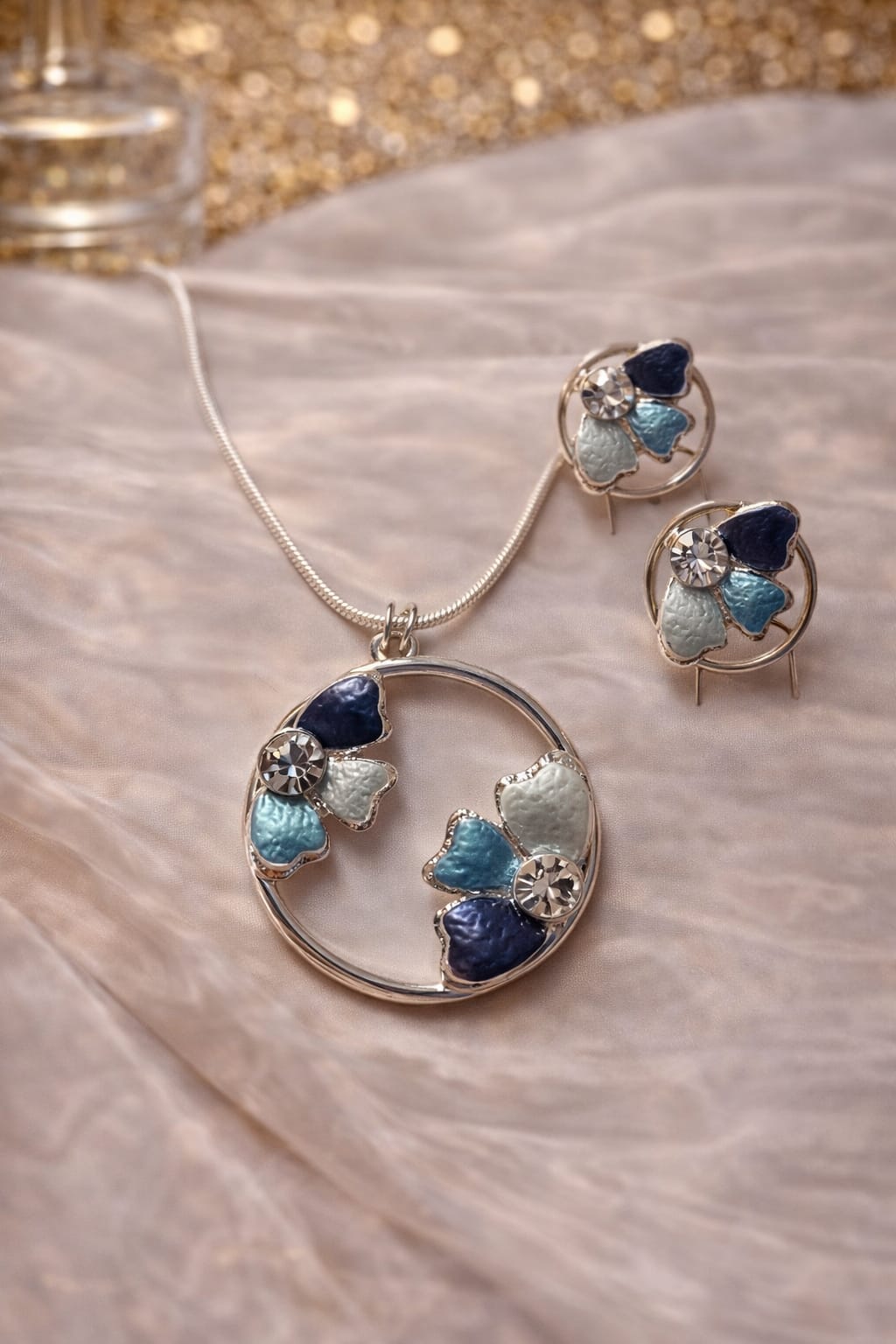 Blue Enamel Floral Pendant & Stud Earrings Set