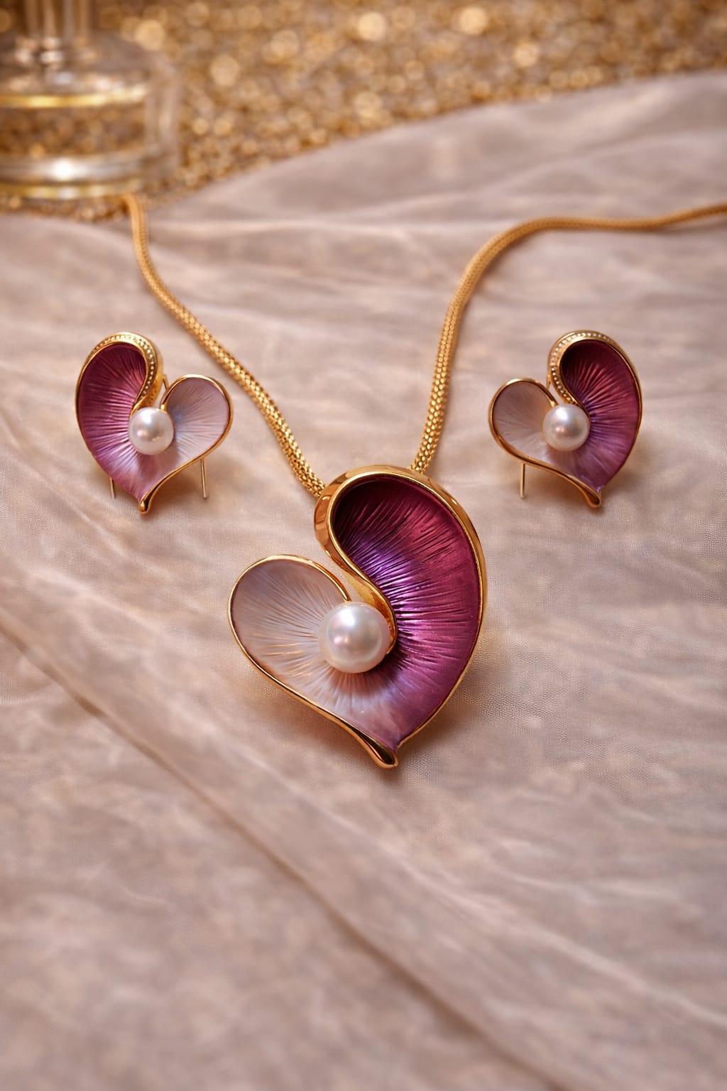 Heart Pearl Pendant & Stud Earrings Set