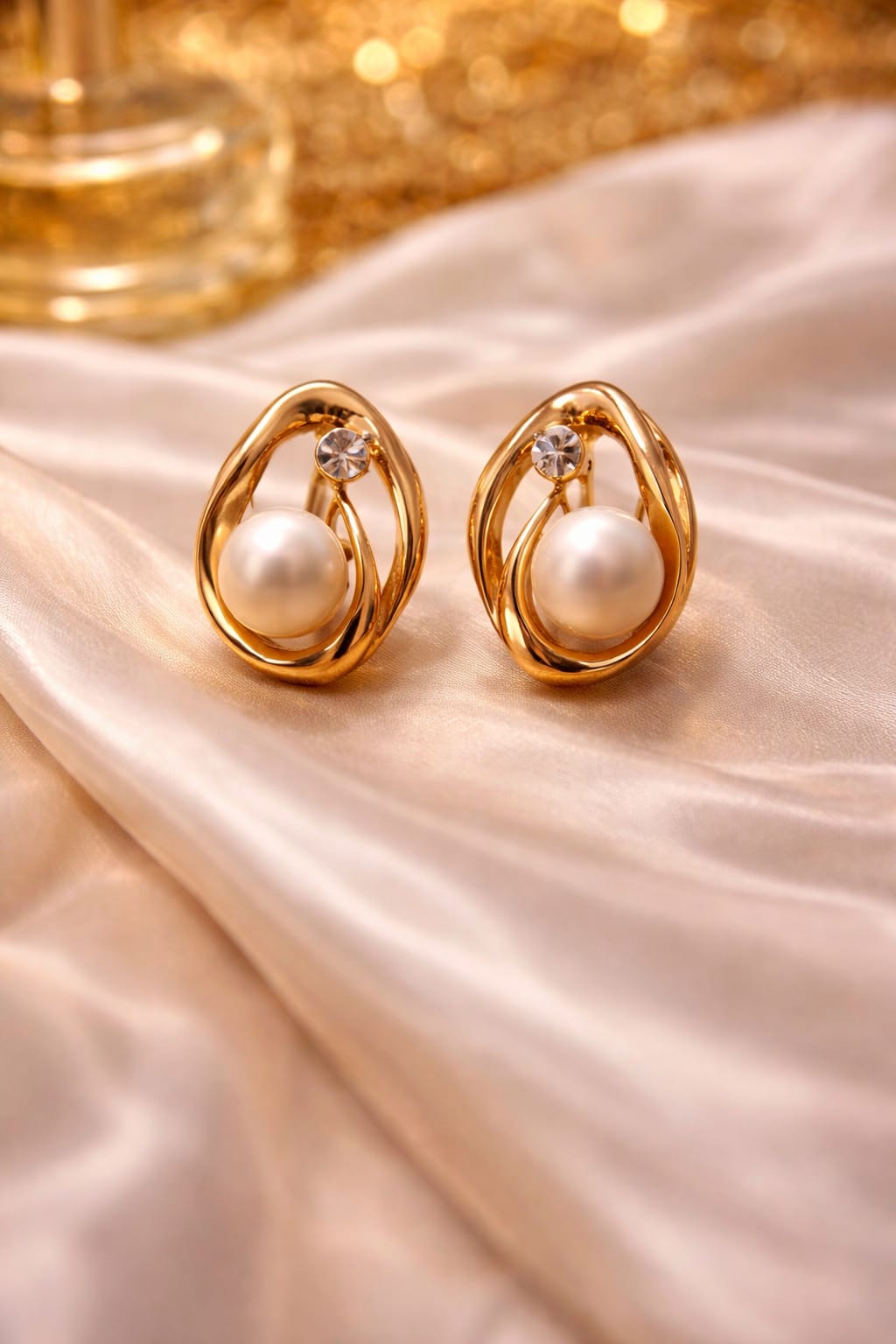 Gold Tone Pearl & Crystal Stud Earrings
